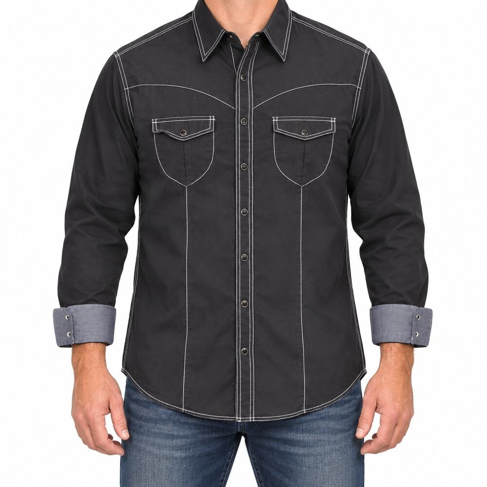 Rock & Roll Cowboy Shirt Mens XL Black Dobby Long Sleeve Western Snap Flip Cuffs